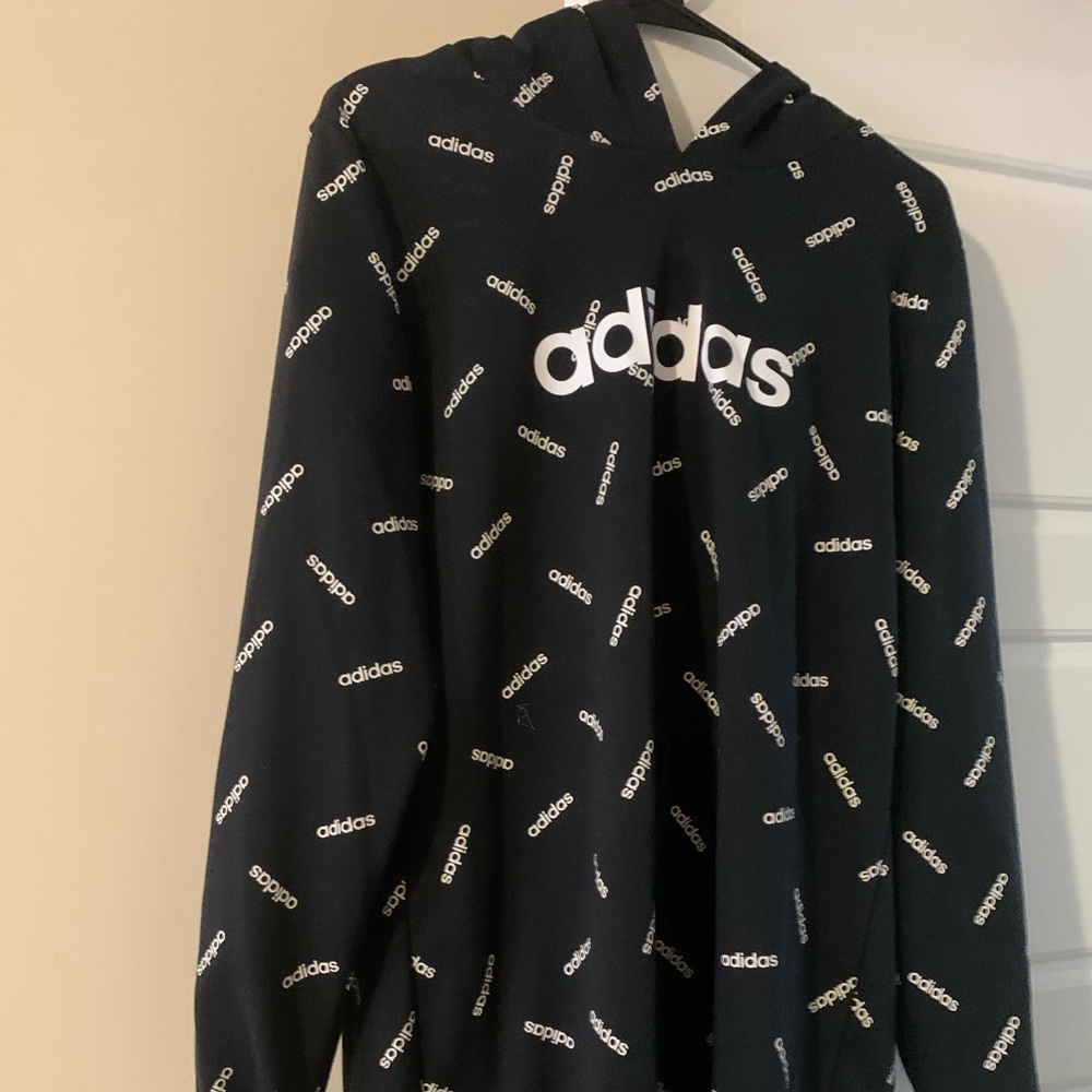 White and black oversized Adidas hooded sweatshirt. Xl and gently used!